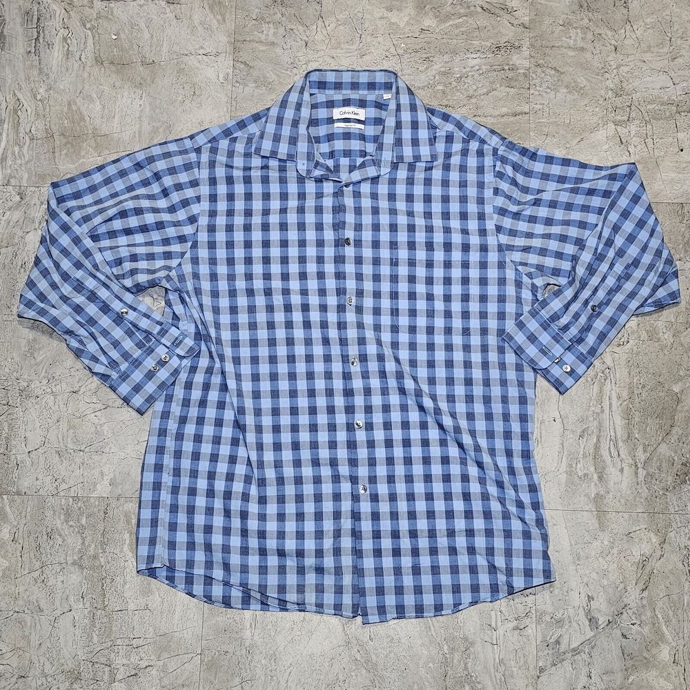 Men’s Calvin Klein Dress Shirt Large Long sleeve Blue And Grey Check Regular Fit